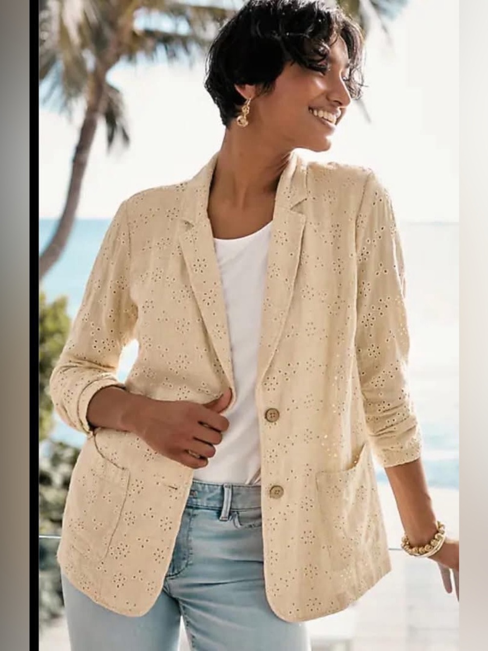 J. Jill size L flax Beige Eyelet Cotton-Blend Blazer jacket